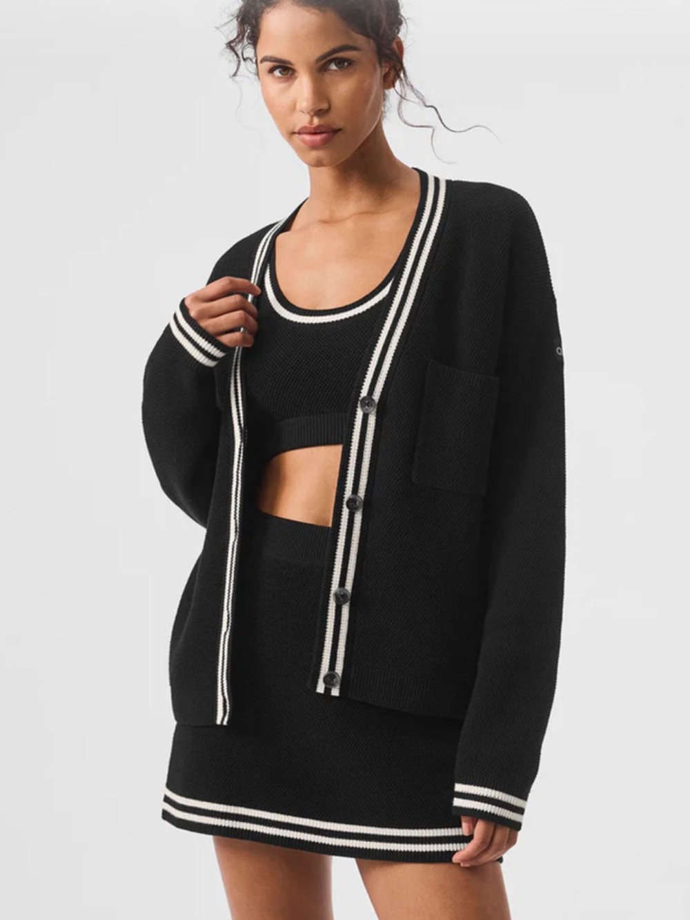 ALO Yoga Black Cardigan with Ivory Trim
